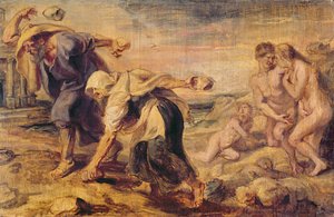 Deucalion en Pyrrha bevolken de wereld opnieuw door stenen achter zich te gooien, c.1636 door Peter Paul Rubens